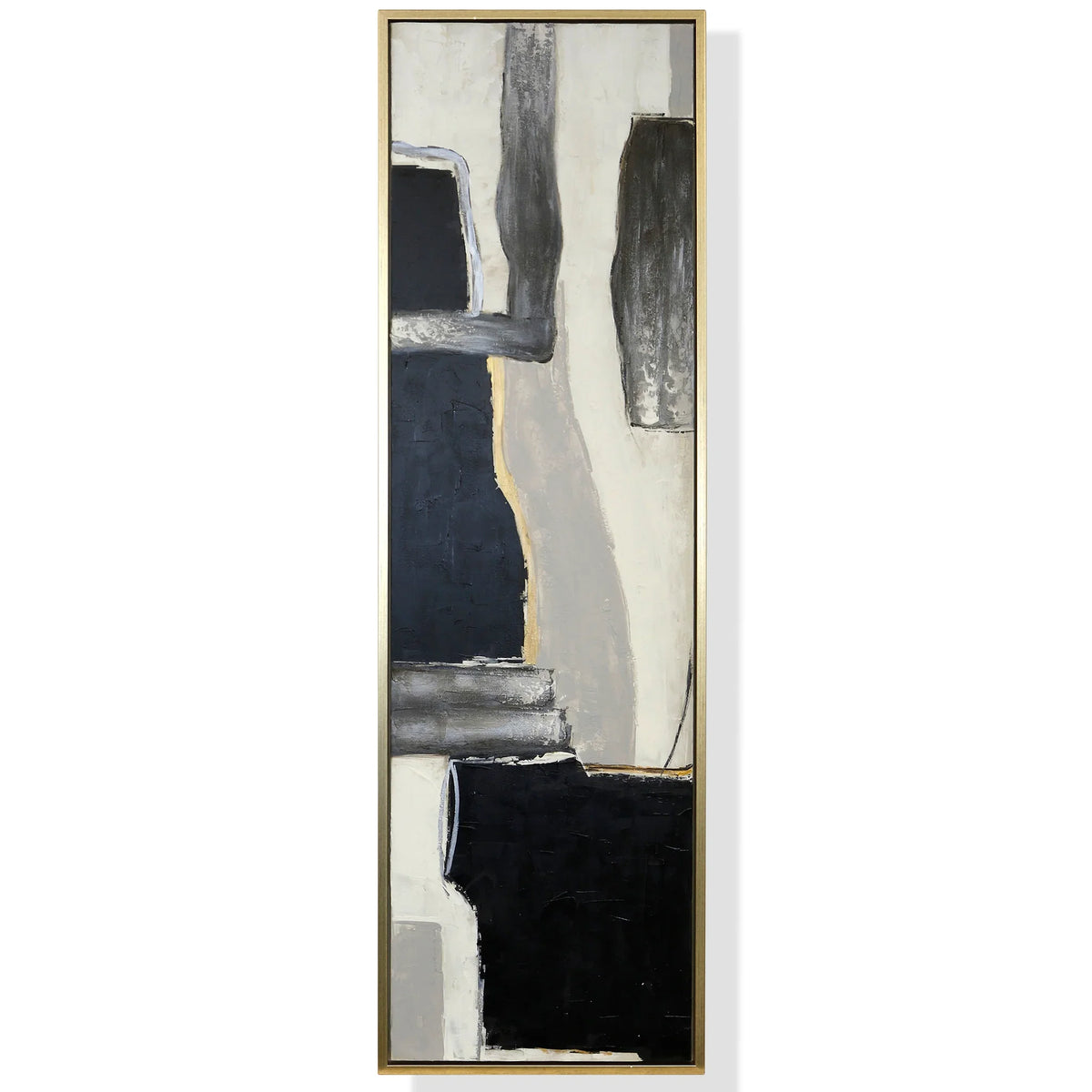 Abstract art piece with black, gray, and white colors on a white background