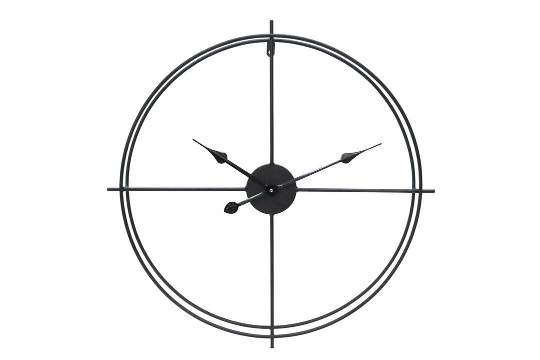 A black wall clock with tapered black hands and simple trims, designed in a minimalist style.