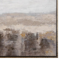 Hand-painted abstract canvas in gray and beige tones with a wooden frame.