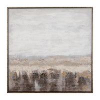 Hand-painted abstract canvas in gray and beige tones with a wooden frame.