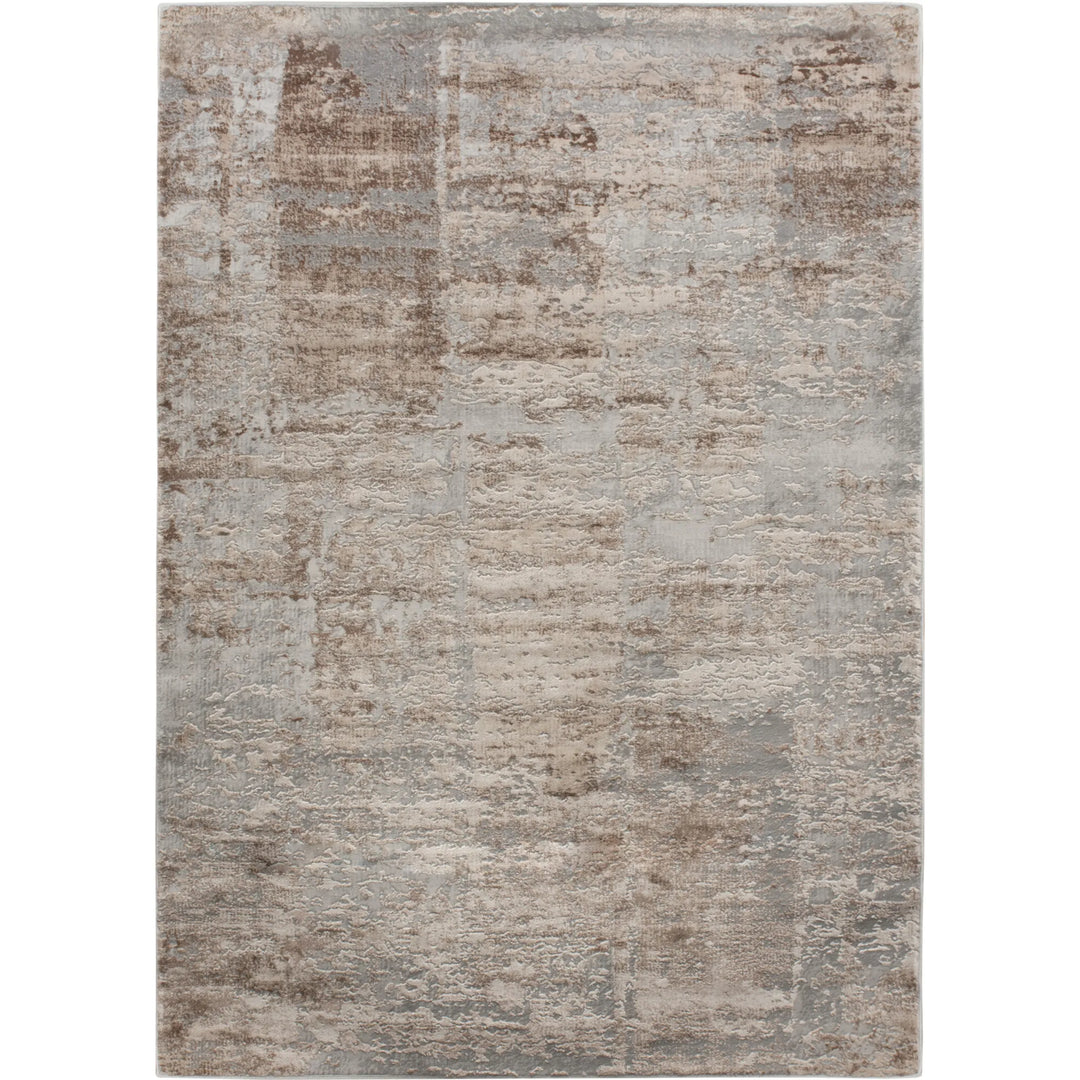Textured area rug with a neutral color palette on a white background