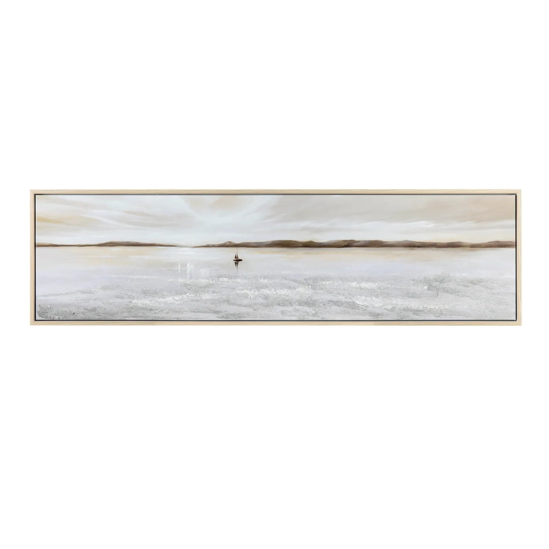 Framed artwork of a landscape with a person on a boat over water