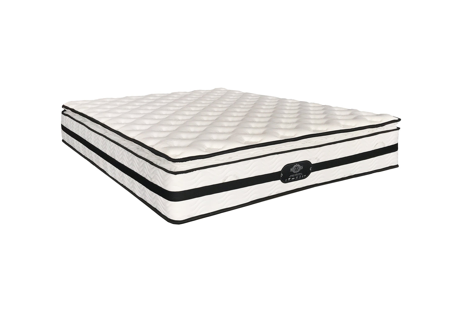 A white mattress with black trim, featuring a quilted design and the brand 'Hoya Casa' visible on the side.