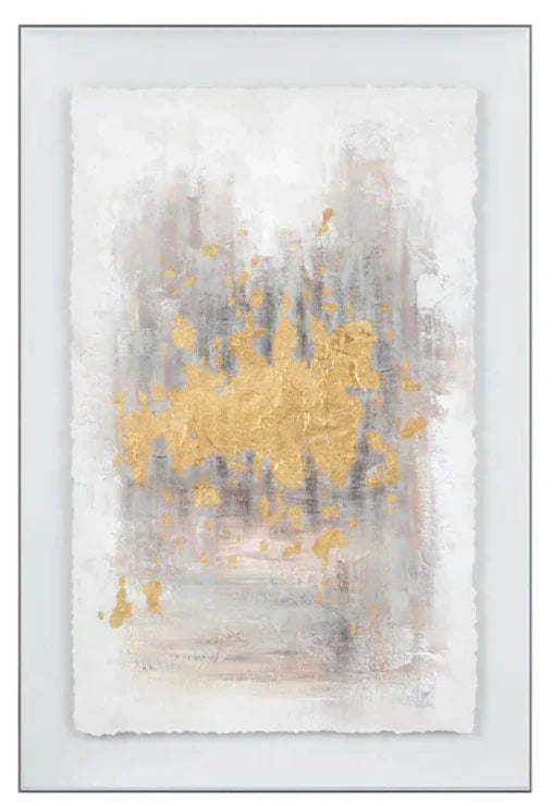 Acrylic wall art featuring an abstract design with gold, gray, and white colors.