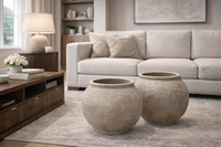 Living room with a beige sofa, wooden coffee table, and decorative pots.