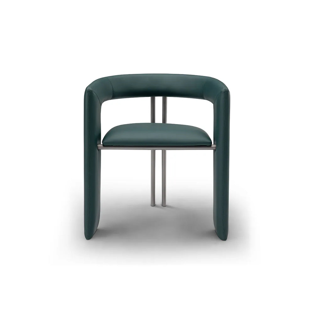 Green chair with curved armrests on a white background