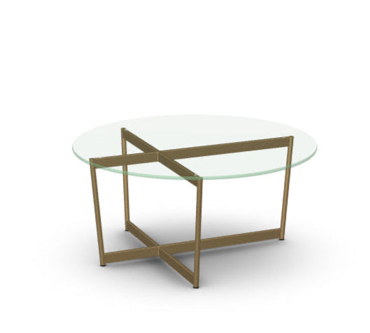 Glass coffee table with gold metal frame on a white background