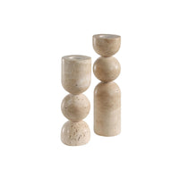 Beige stone candle holder with stacked cylindrical shapes on a white background