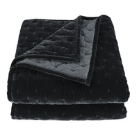 Folded black quilt on a white background