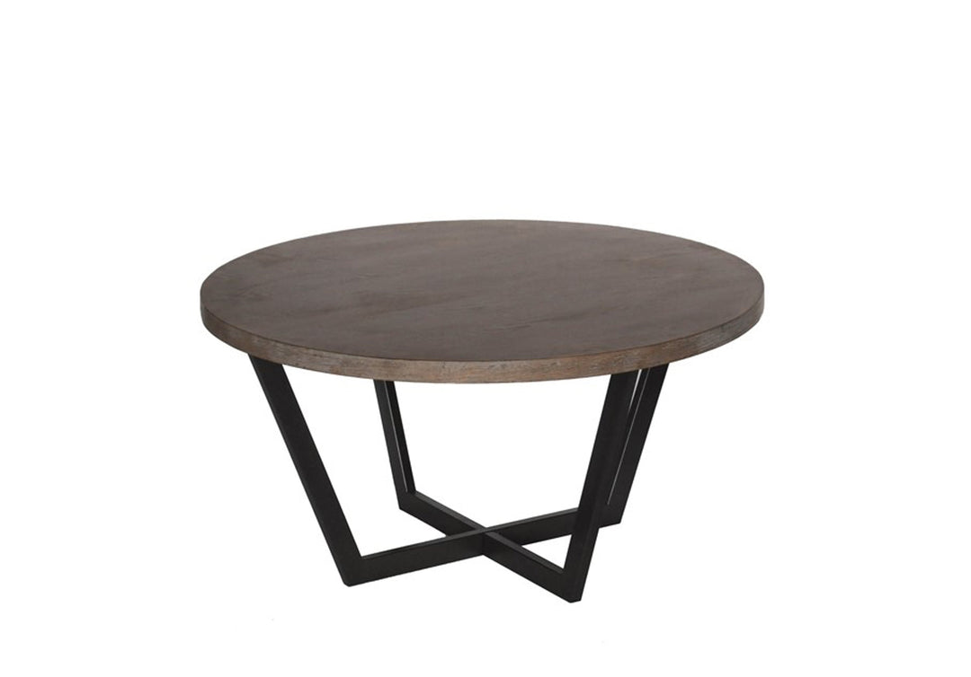 Round wooden coffee table with black metal legs on a white background