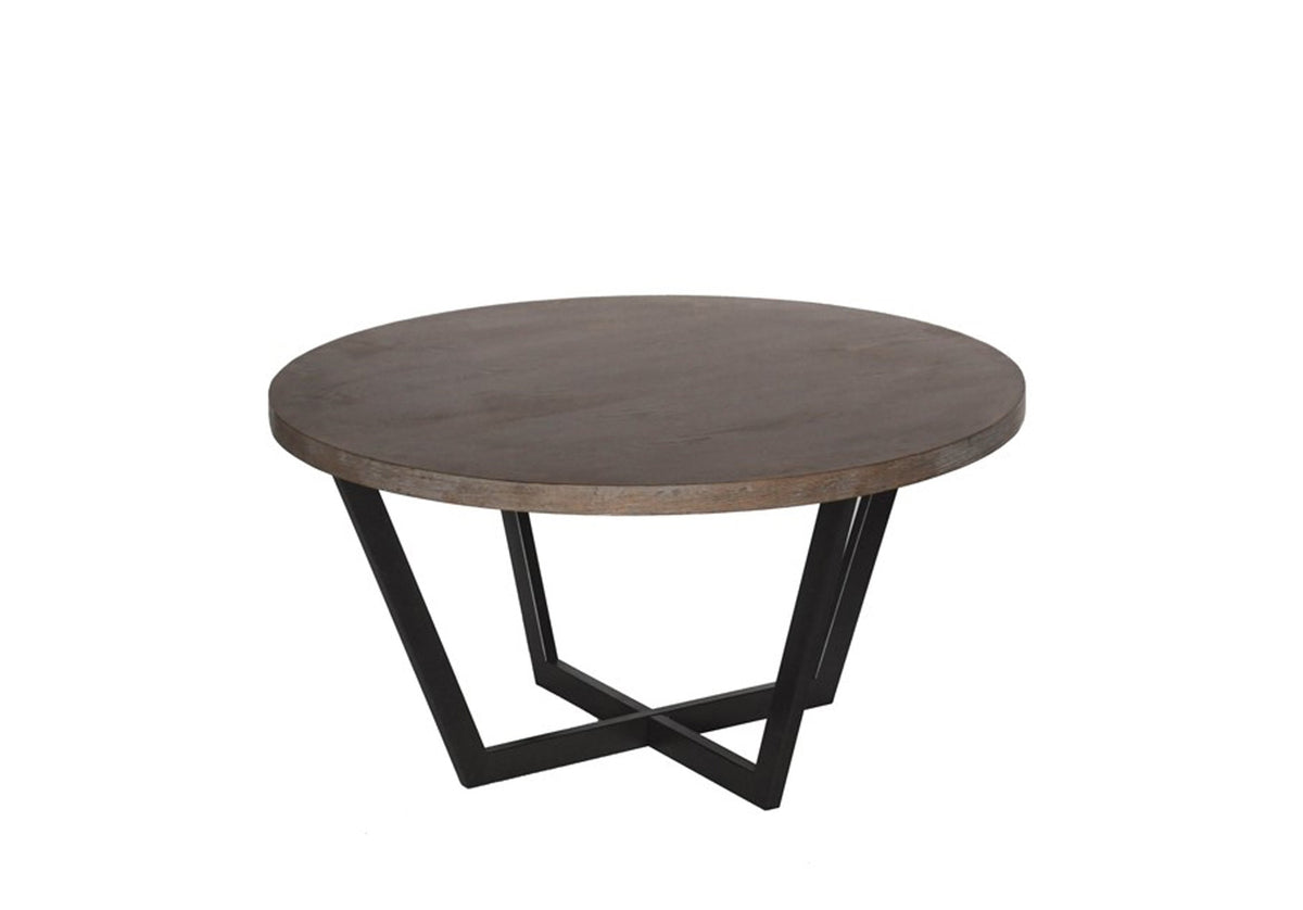 Round wooden coffee table with black metal legs on a white background