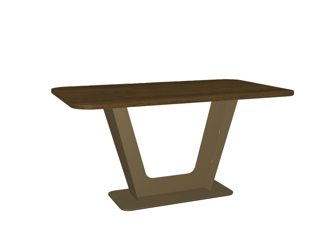 Brown wooden table with a V-shaped leg design on a white background