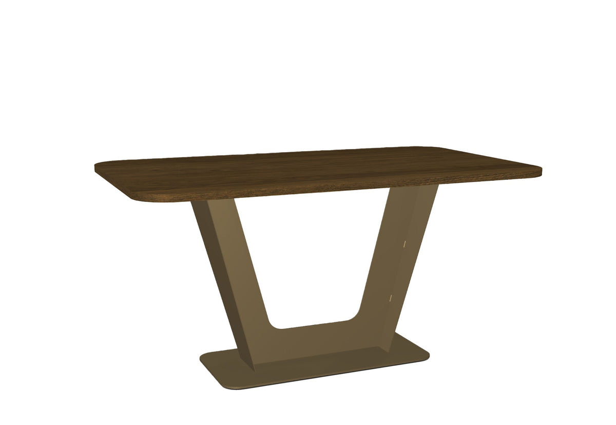 Brown wooden table with a V-shaped leg design on a white background