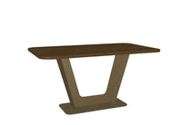 Brown wooden table with a V-shaped leg design on a white background