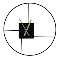 A wall clock with a black circular frame and a central black square with gold-colored hands.