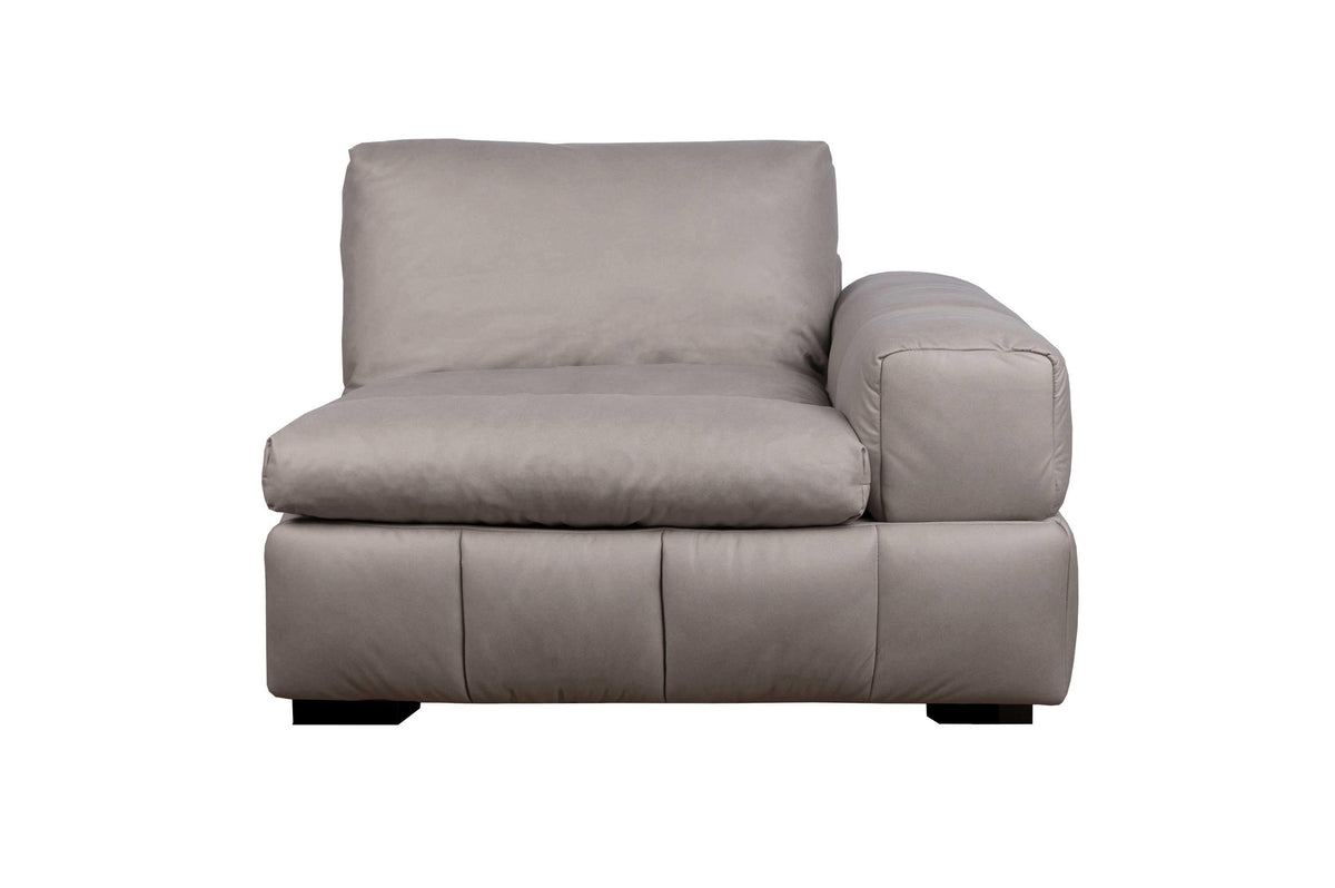 A gray upholstered Vivian left-arm chair with a cubical design, featuring a goose feather and latex foam blend for comfort.