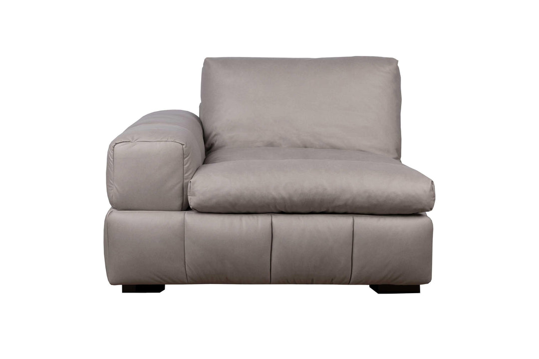A gray upholstered Vivian right-arm chair with a solid wood frame, featuring a sleek modern design with goose down filling cushions.