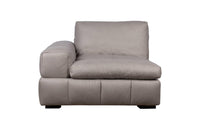 A gray upholstered Vivian right-arm chair with a solid wood frame, featuring a sleek modern design with goose down filling cushions.