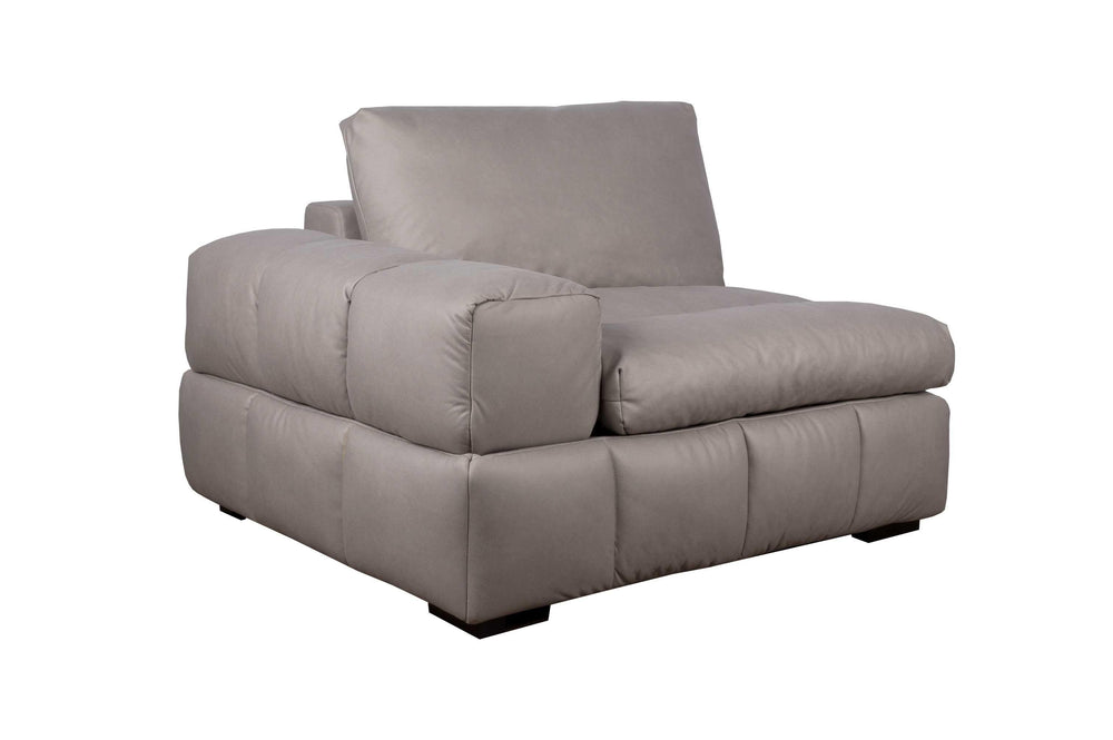 A gray upholstered Vivian right-arm chair with a solid wood frame, featuring a sleek modern design with goose down filling cushions.
