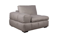 A gray upholstered Vivian right-arm chair with a solid wood frame, featuring a sleek modern design with goose down filling cushions.