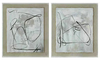 Two abstract wall art pieces with black line designs on a light background