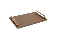 A leather tray with gold finished handle