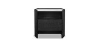 A black nightstand with a simple, contemporary design featuring an open base structure.