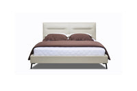 A queen-sized beige leather bed frame with a headboard, bed frame, and bed slat. The bed is set against a white background and is shown with a brown bedsheet and pillows.