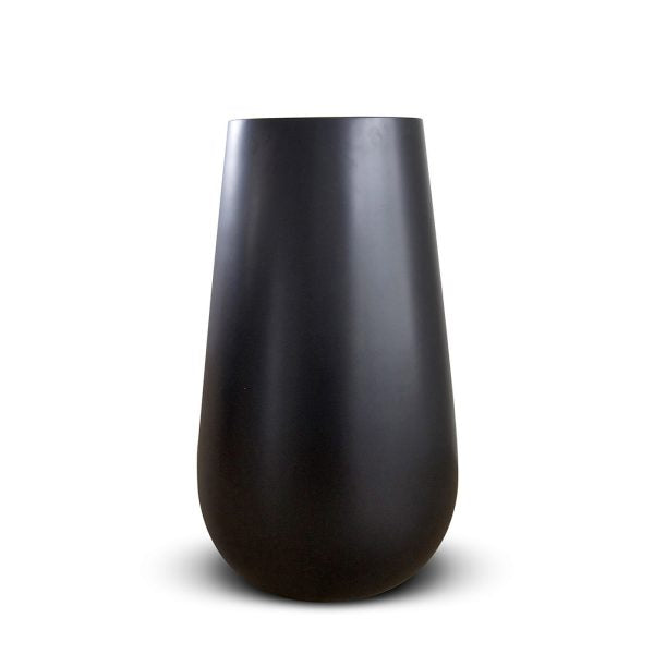 A black tall planter made of fiberglass, designed for indoor use only.
