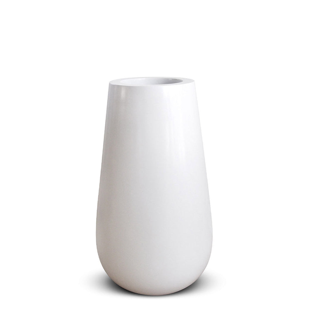 A white tall planter made of fiberglass, designed for indoor use only.