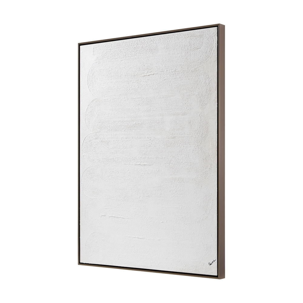 A minimalistic textured canvas painting in a black frame, predominantly white color