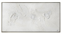 A minimalistic textured canvas painting in gray and white tones with an abstract design.