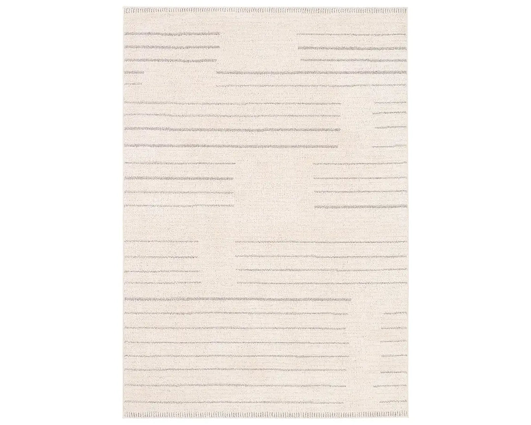 A rectangular beige area rug with a simple geometric pattern and power loomed construction.