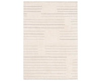 A rectangular beige area rug with a simple geometric pattern and power loomed construction.