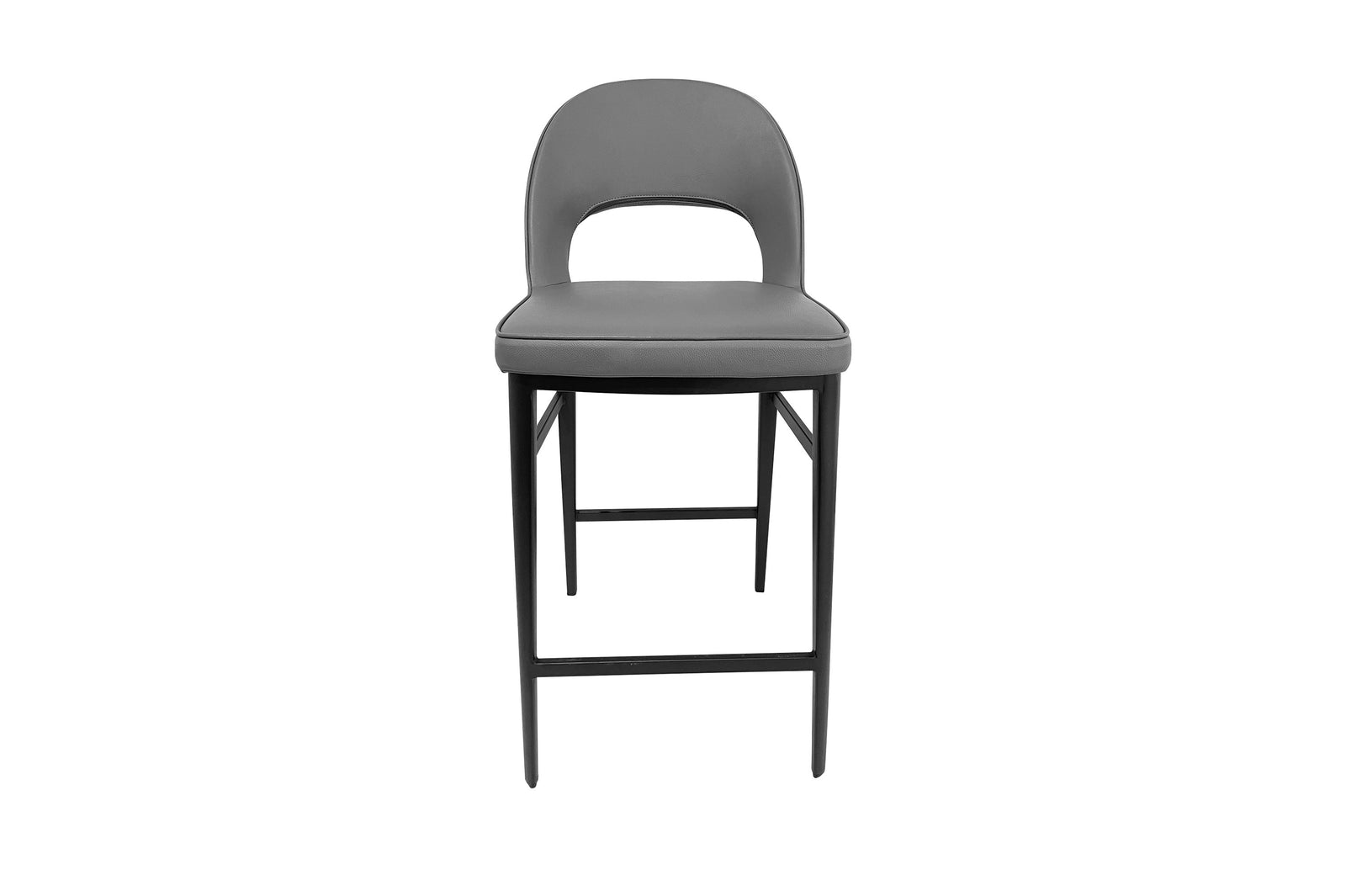 A gray Berlin counter stool with premium faux leather upholstery and a metal frame.