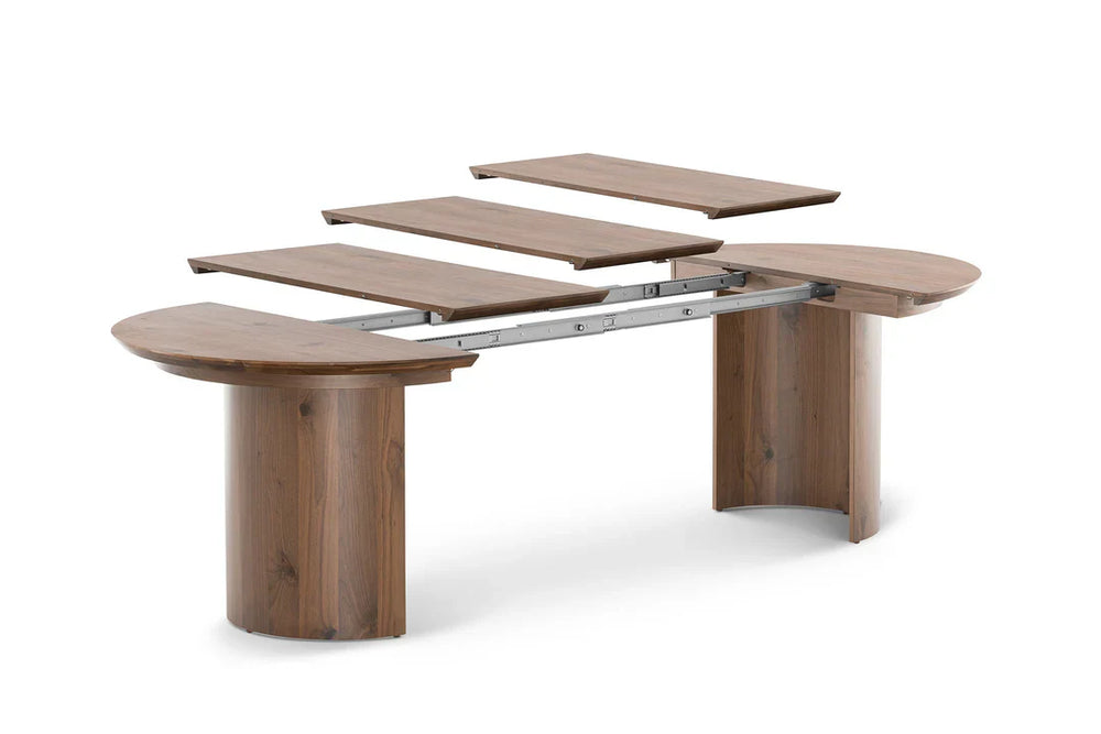 Wooden dining table with extendable design on a white background